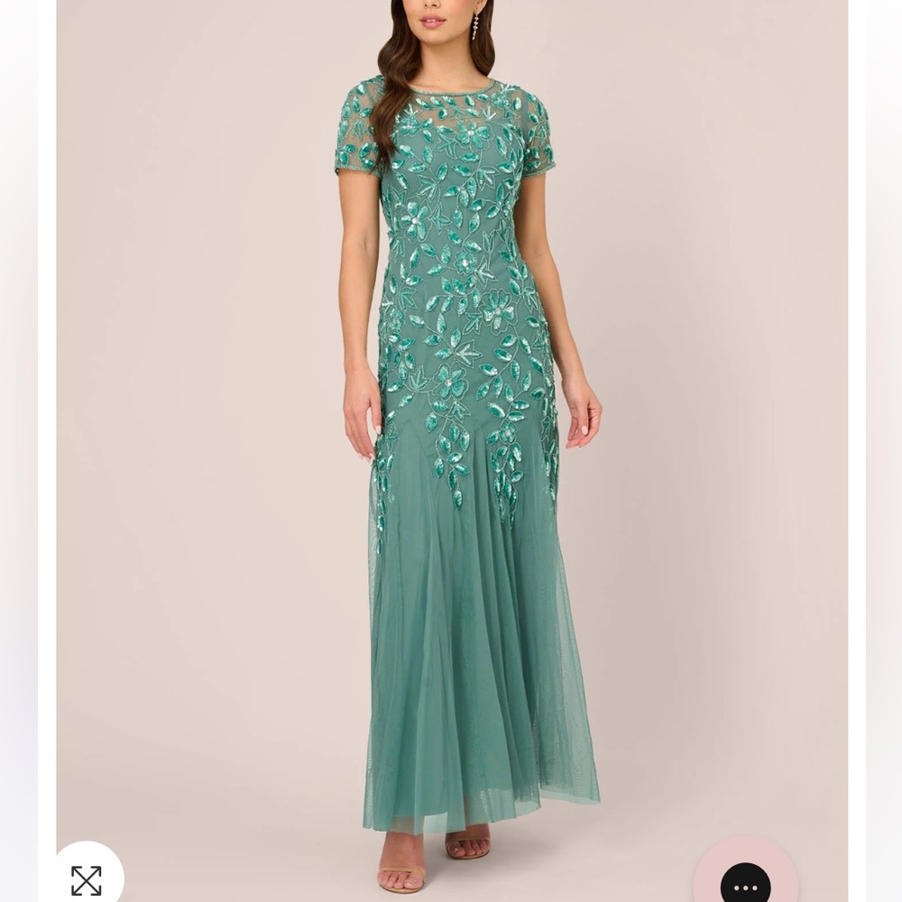Adrianna Papell HAND BEADED SHORT SLEEVE FLORAL GODET GOWN IN GREEN SLATE-Petite